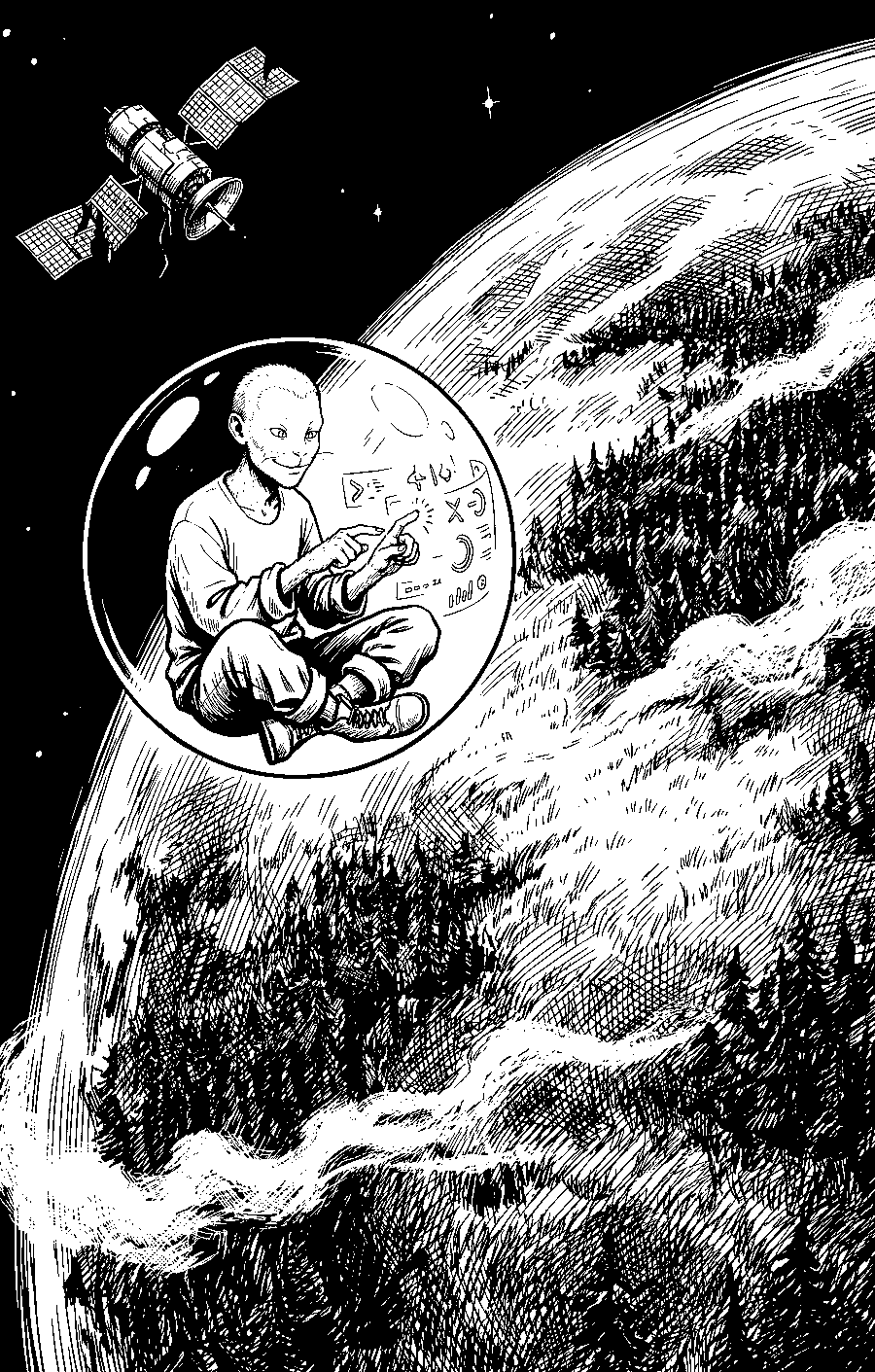 Inkttekening: een kaalgeschoren figuur zit in kleermakerszit in een doorzichtige bol boven een beboste planeet en tikt op zwevende tekens; links een satelliet.