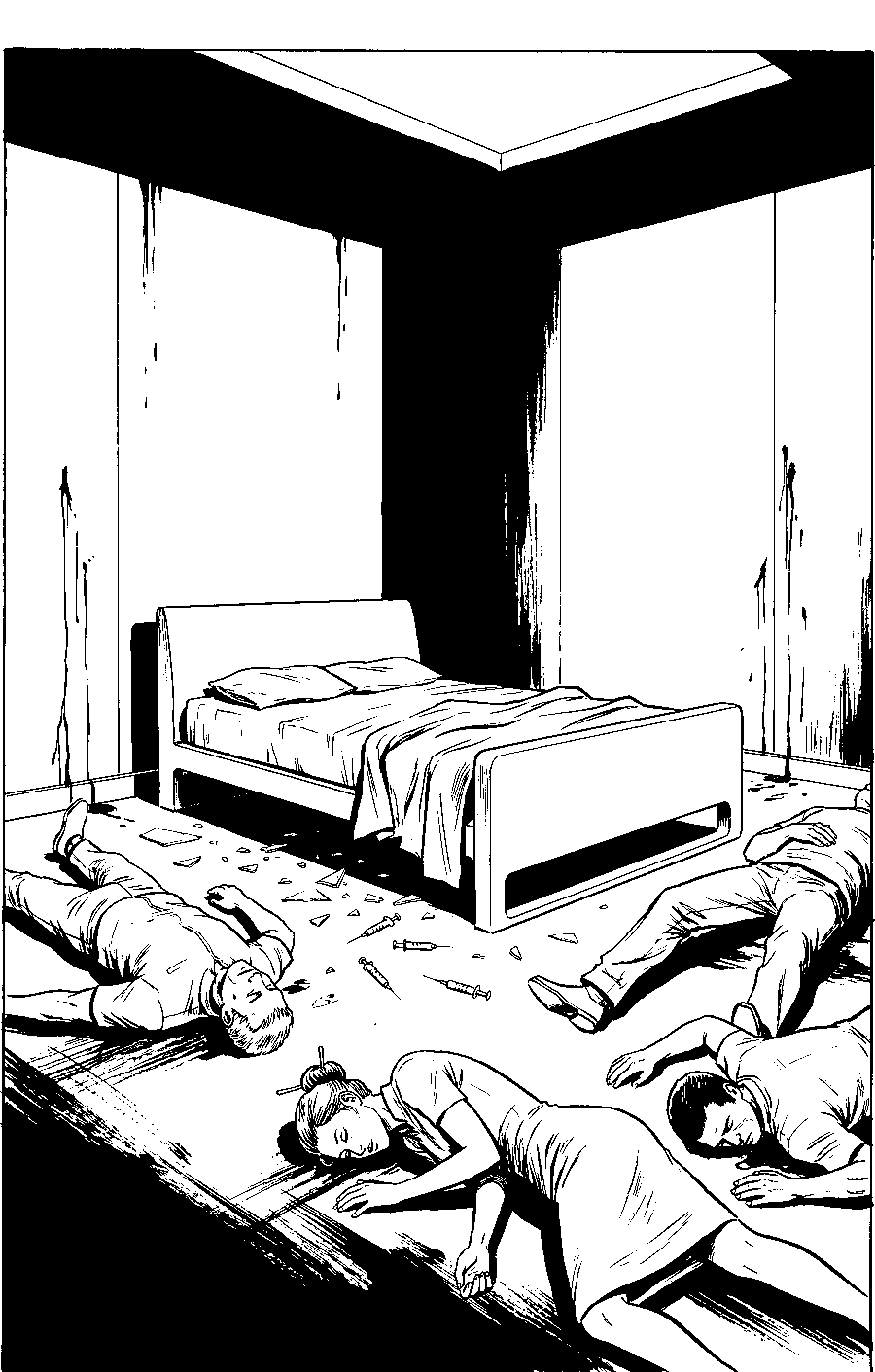Inkttekening: een ziekenhuiskamer met een leeg bed; op de vloer liggen vier mensen tussen glasscherven en injectiespuiten, langs de muren lopen donkere strepen.